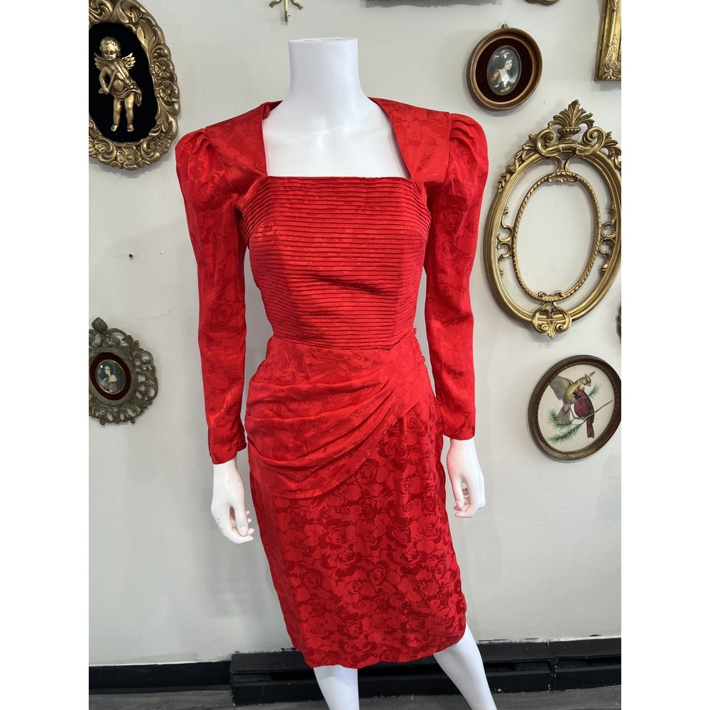 Vintage Lauren Alexandra Red Rose Jacquard Long Sleeve Cocktail Dress Size S